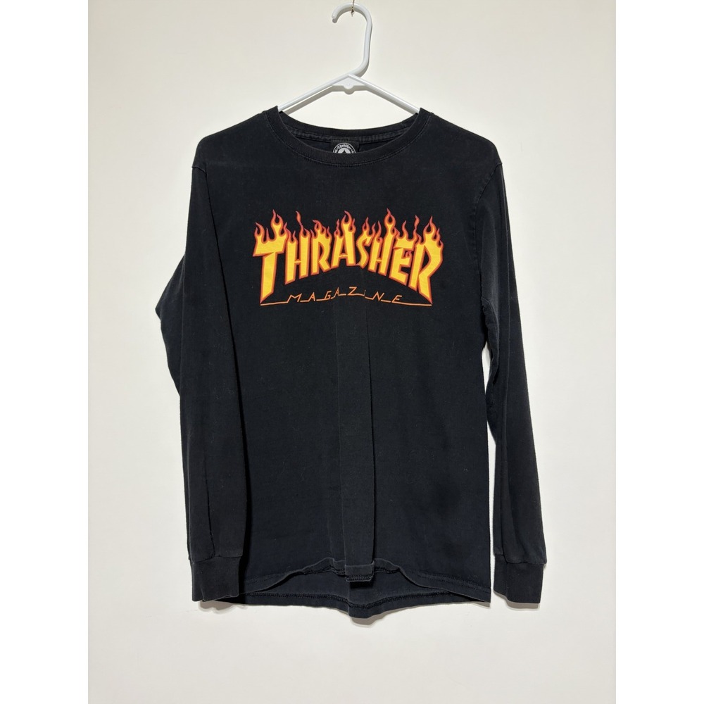 Thrasher Shirt Mens Small Black Flame Logo Long Sleeve Skateboarding Graphic Tee